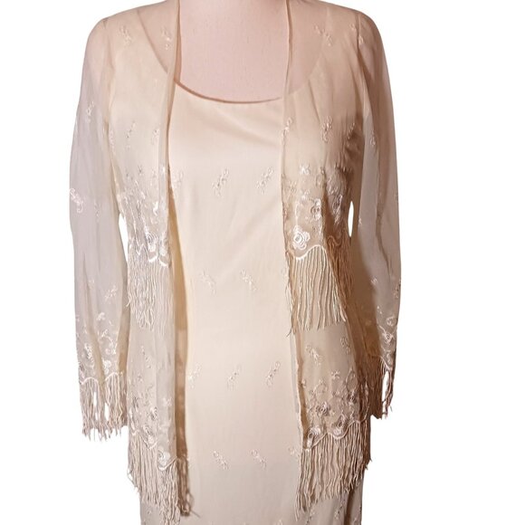 VTG Cattiva New York Cream Embroidered Lace Fringe Teired Dress w/ Jacket 8 - Picture 5 of 16